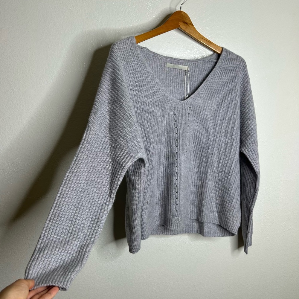 NWT 100% Cashmere Textured Ribbed V - Neck Pullover Gray Sweater Size XS